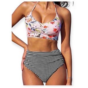 Cupshe bikini. High waisted black & white stripe bottom and pink floral top